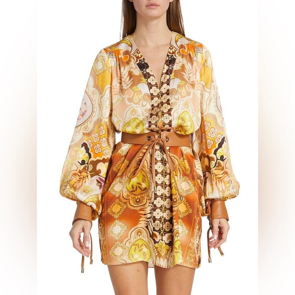 Alexis Paisley-Print Silk Mini Dress in Orange, Yellow and Brown